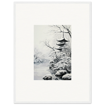 Black and white Japanese winter painting of a pagoda, perfect for Twilight Rebirth Narrative