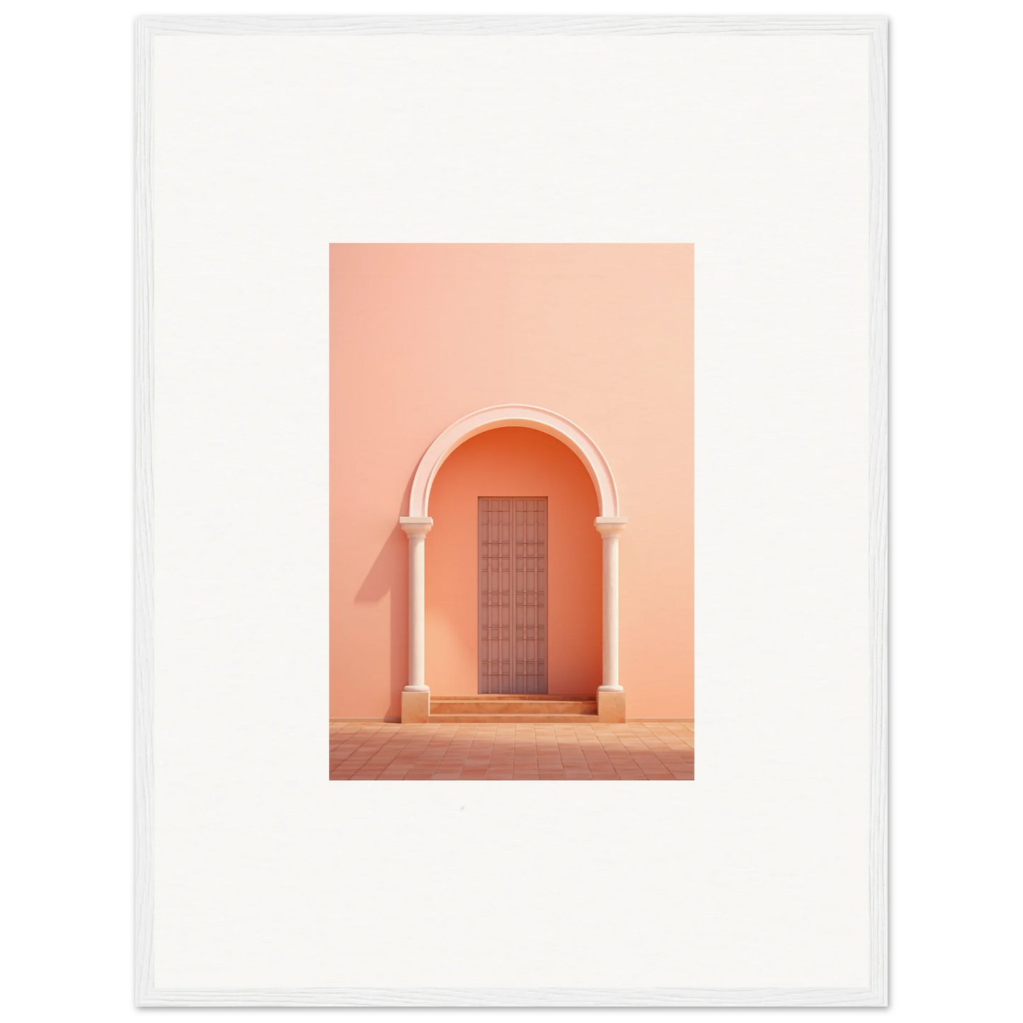 Arched doorway with a wooden door in peachy coral tones from Psychedelic Arches Discussionale