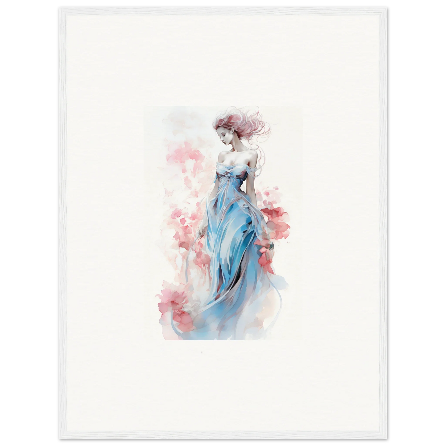 Watercolor canvas print of a woman in a blue dress for chic room decoration