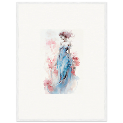 Watercolor canvas print of a woman in a blue dress for chic room decoration