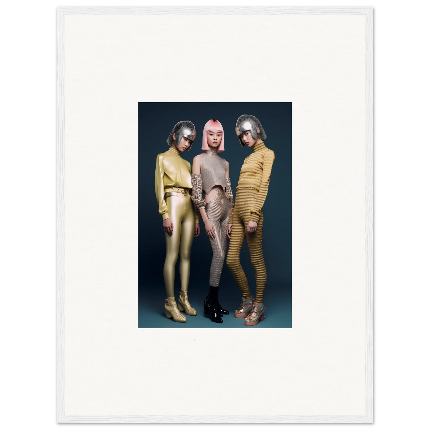 Three performers in metallic bodysuits showcasing Galactic Fashion Paradigm vibes