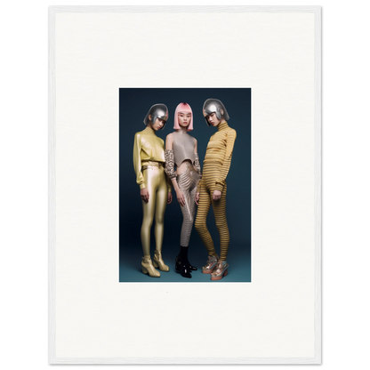 Three performers in metallic bodysuits showcasing Galactic Fashion Paradigm vibes