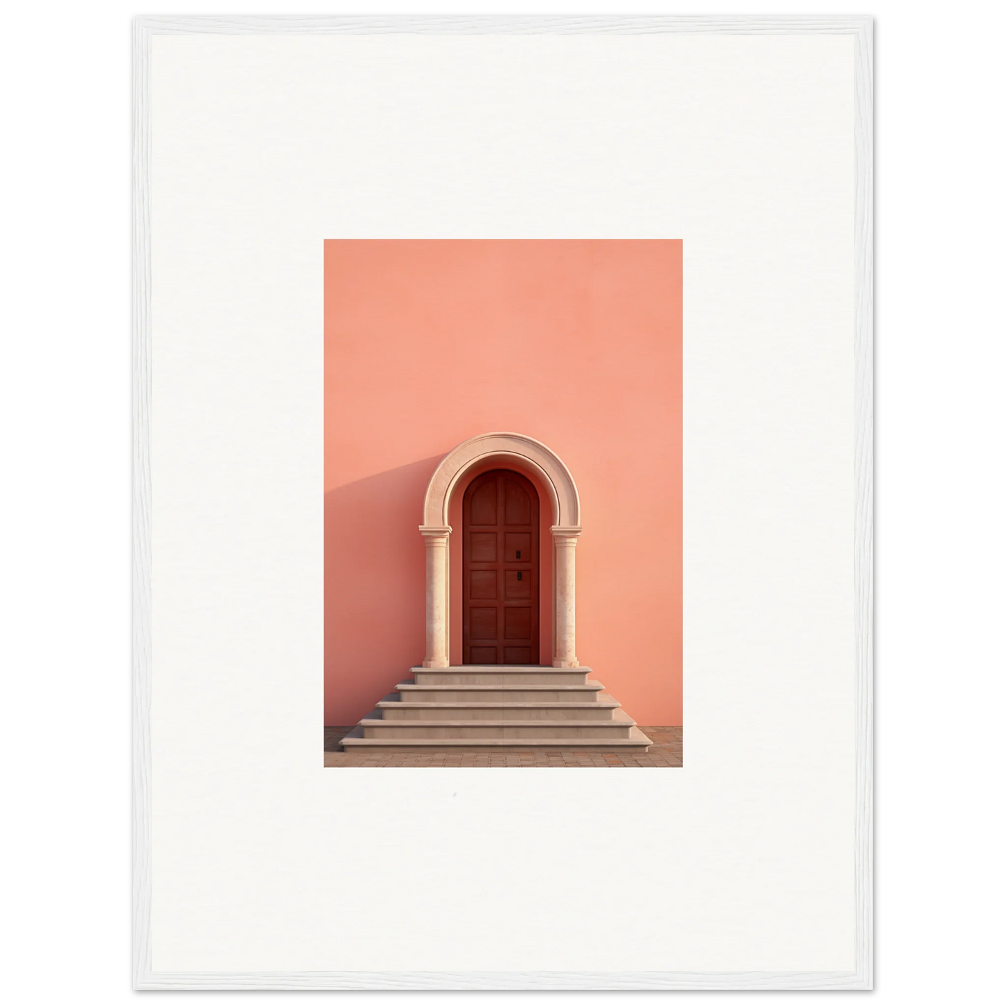 Arched wooden door on stone steps with coral wall, perfect for an Ethereal Sunset Gateway