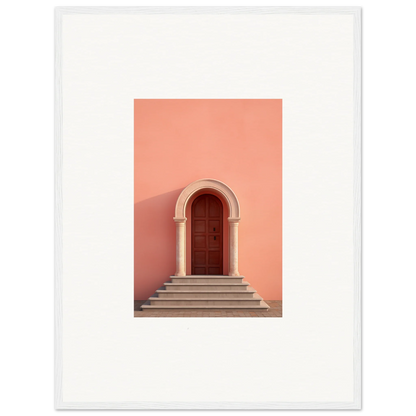 Arched wooden door on stone steps with coral wall, perfect for an Ethereal Sunset Gateway