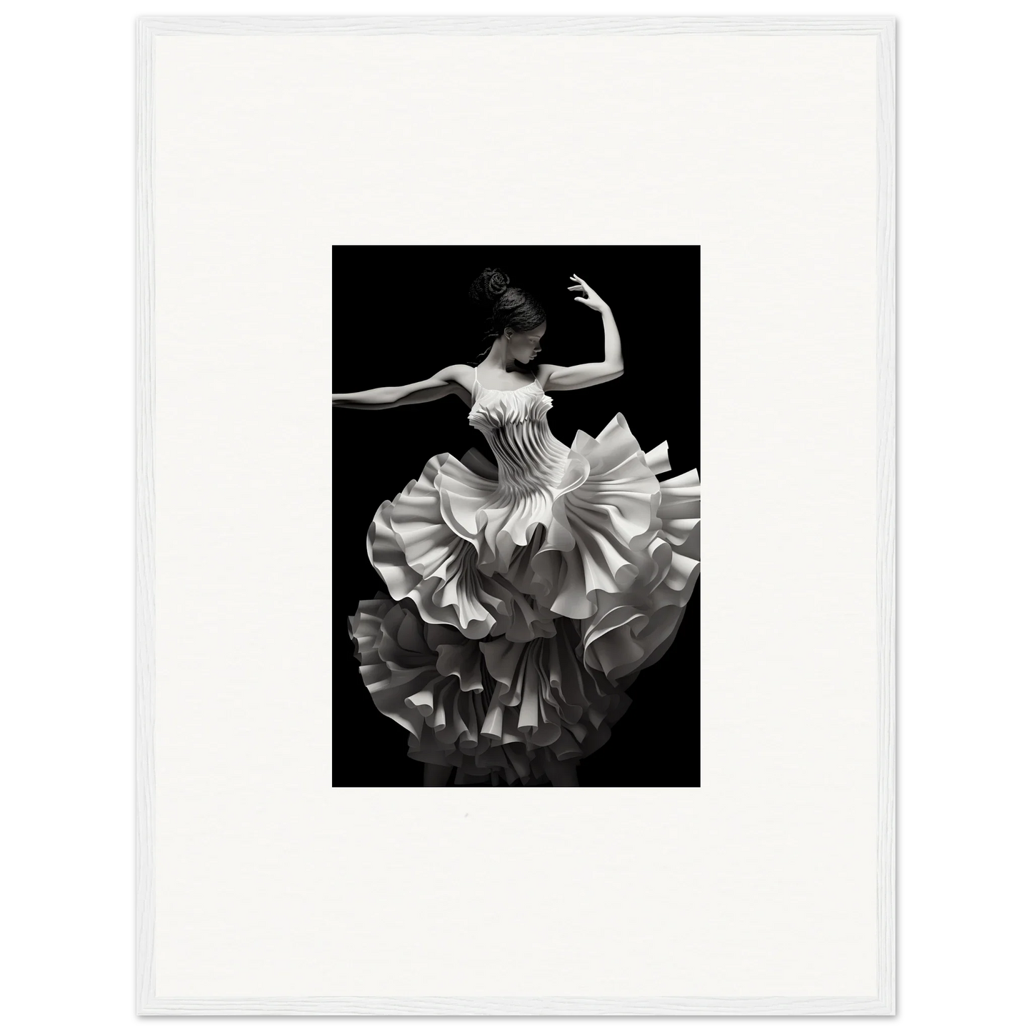 Dancer in ruffled dress striking a pose, showcasing Tangled Luminous Laces art