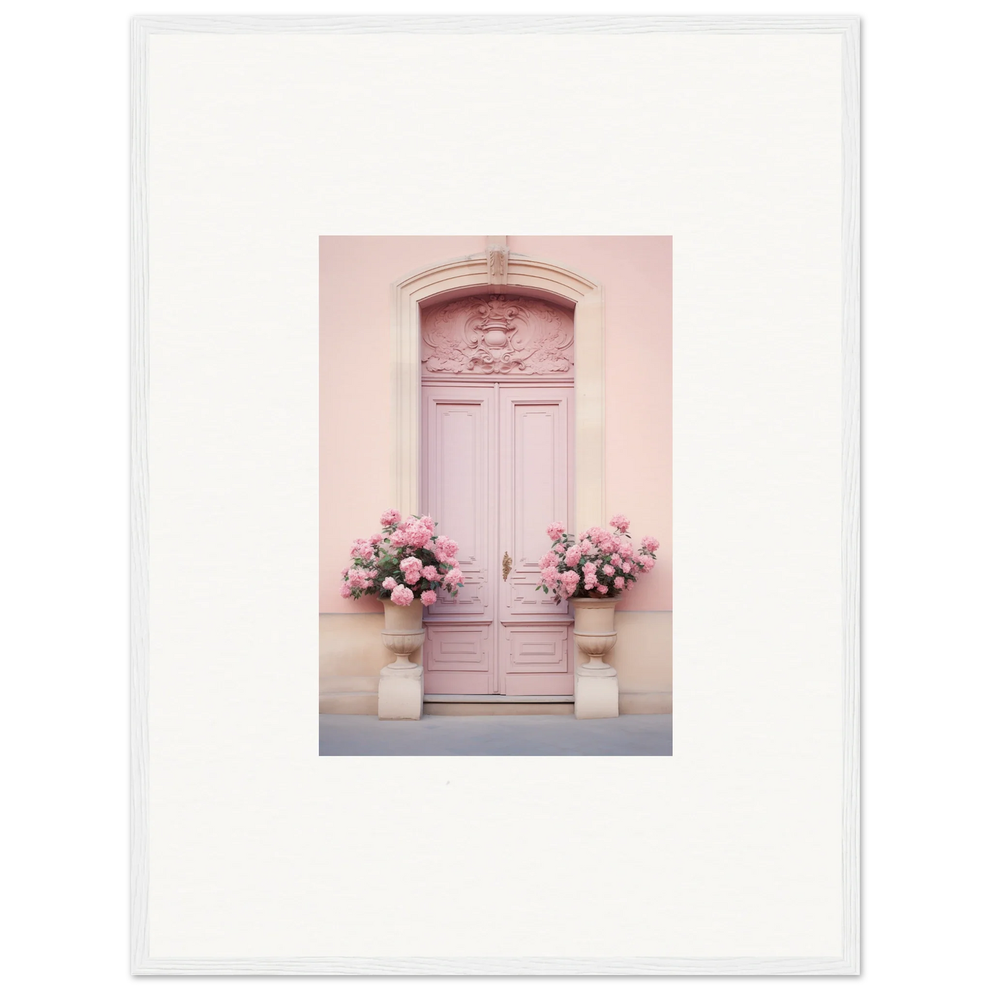 Pink door with ornate details beside floral arrangements in Rosy Cosmos Gateway art