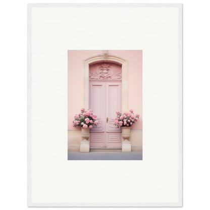 Pink door with ornate details beside floral arrangements in Rosy Cosmos Gateway art