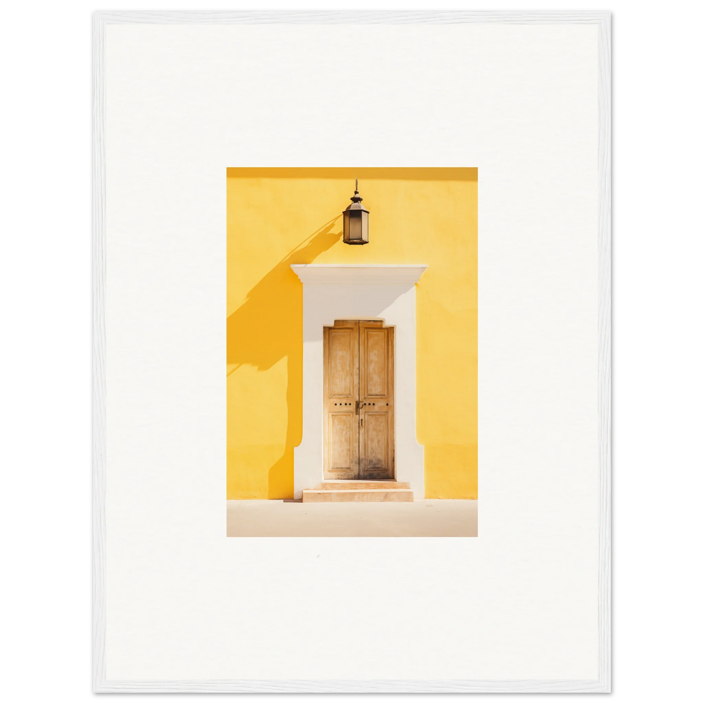 Rustic wooden door with white trim on a yellow wall, perfect for the Golden Hue Portal