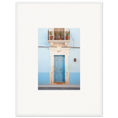 Blue wooden door with white stone frame, potted plants, showcasing Ethereal Azul Entrance