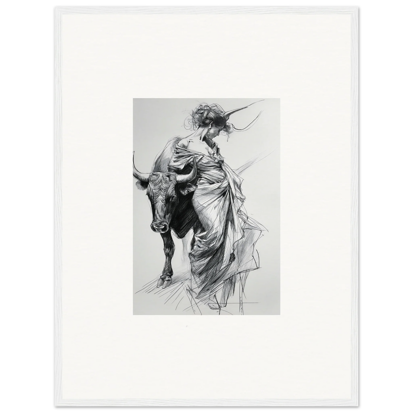 Black and white sketch of a figure in robes with a bull for Minotaur’s Melodic Siesta