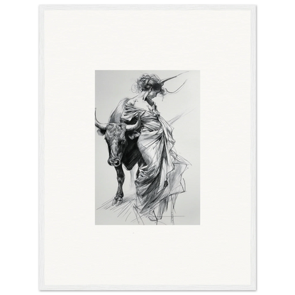 Black and white sketch of a figure in robes with a bull for Minotaur’s Melodic Siesta