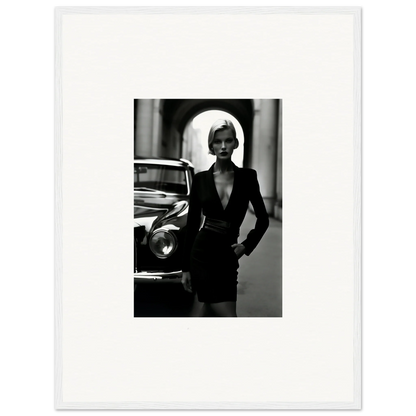 Black and white fashion shot of a figure in a blazer dress next to a classic car from Interstellar Noir Illuminations