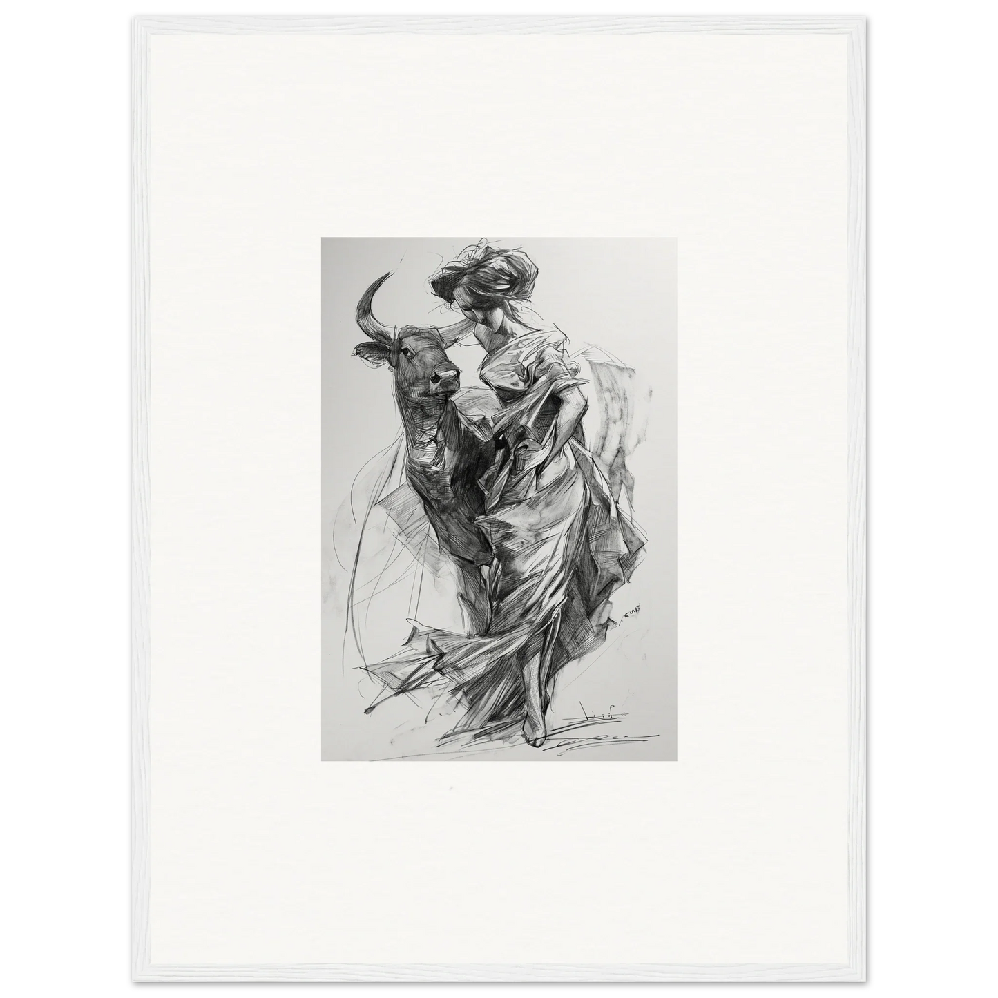 Black and white sketch of person in flowing dress riding a bull for Ebullient Abstract Liaisons