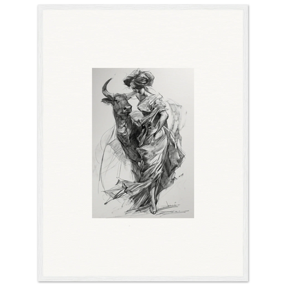 Black and white sketch of person in flowing dress riding a bull for Ebullient Abstract Liaisons