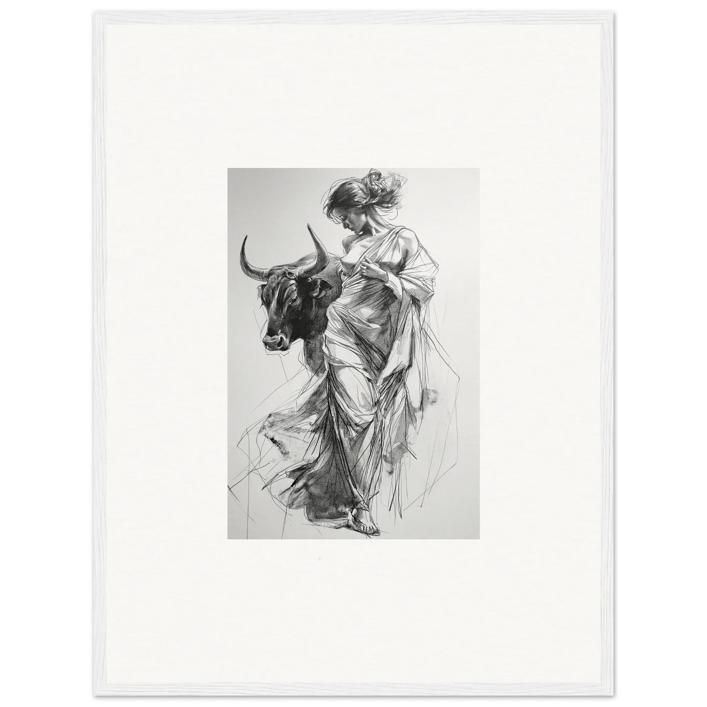 Black and white sketch of a woman in robes with a bull for Splashing Gaze Melds