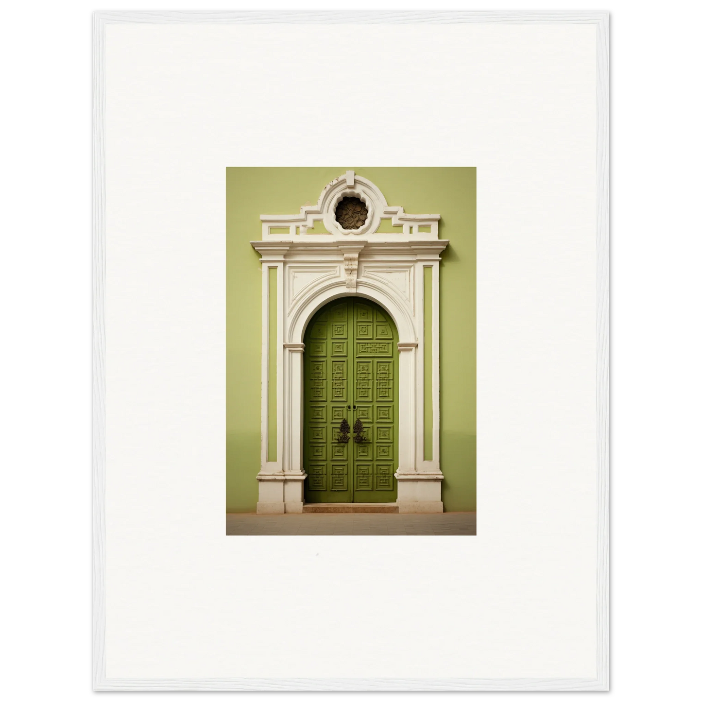 Ornate green door with white framing and knockers in Verdant Sentry Whispers art™