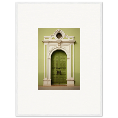 Ornate green door with white framing and knockers in Verdant Sentry Whispers art™