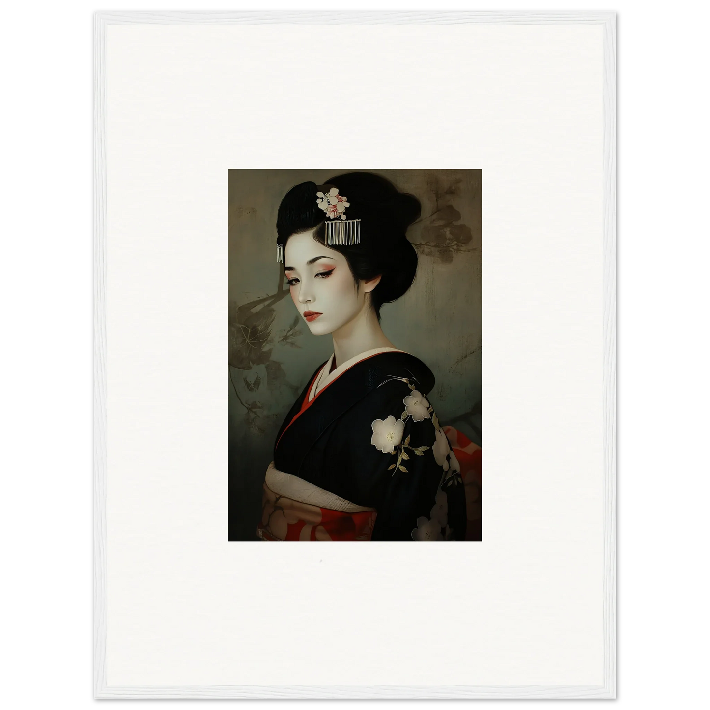 Geisha in a black floral kimono embodies Cherry Dream Surrealism in framed wall art