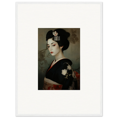 Geisha in a black floral kimono embodies Cherry Dream Surrealism in framed wall art