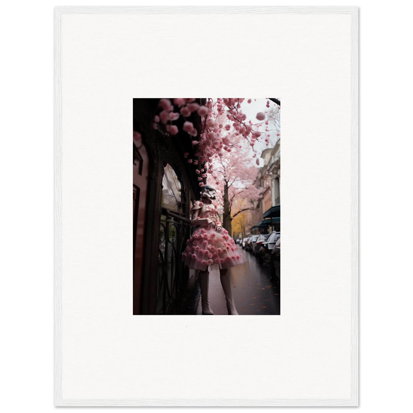 Pink cherry blossoms bloom over a city street in Petal Eccentricity Revealed framed wall art