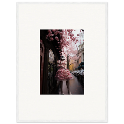 Pink cherry blossoms bloom over a city street in Petal Eccentricity Revealed framed wall art