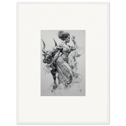 Black and white illustration of a woman in flowing dress riding a bull for Sirens’ Veil Matador