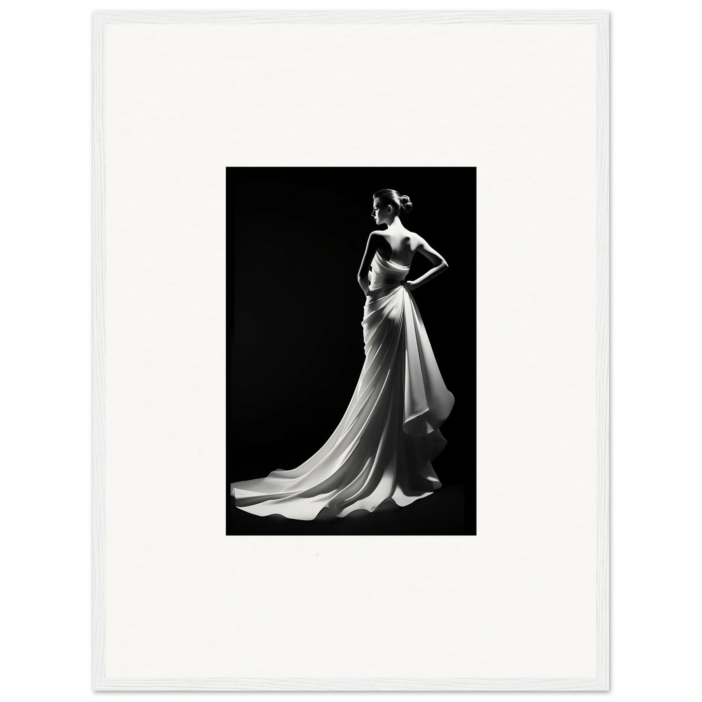 Elegant black and white figure in a flowing gown showcasing ephemeral grayscale elegance