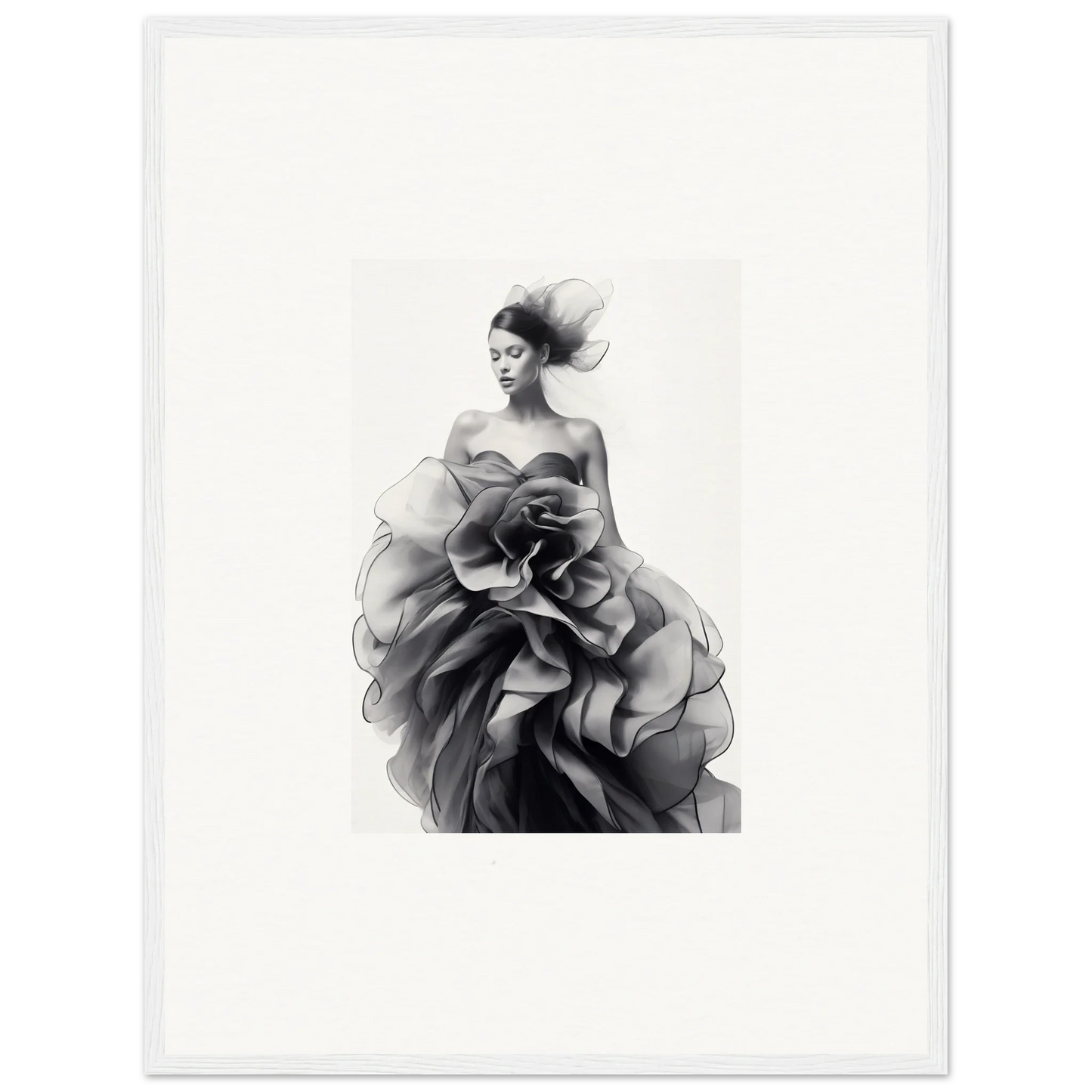 Dramatic black and white fashion photo of Ephemeral Orchard Whispers gown in art™ style