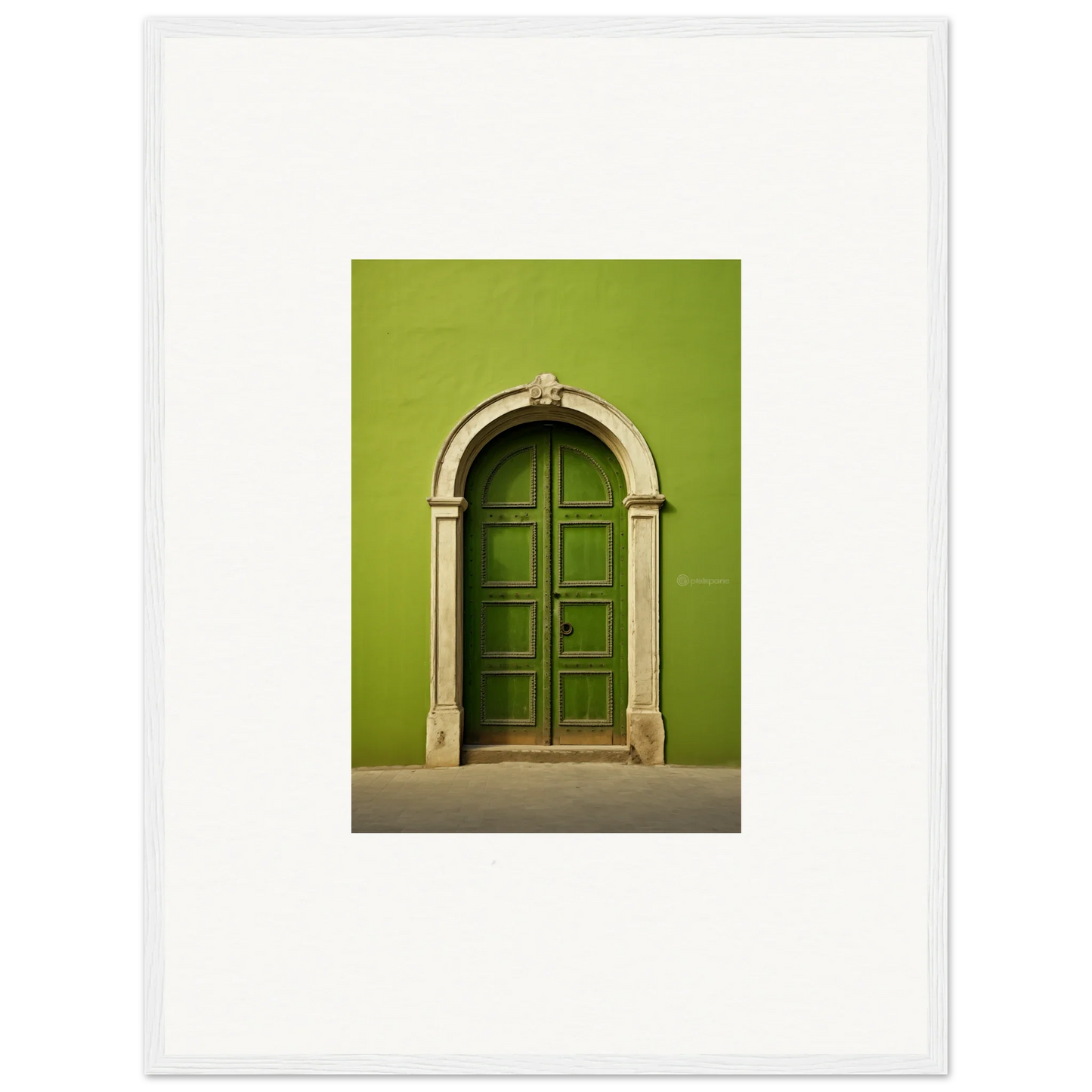 Arched green wooden door with stone trim in Vert Barcode Reverie special edition art™