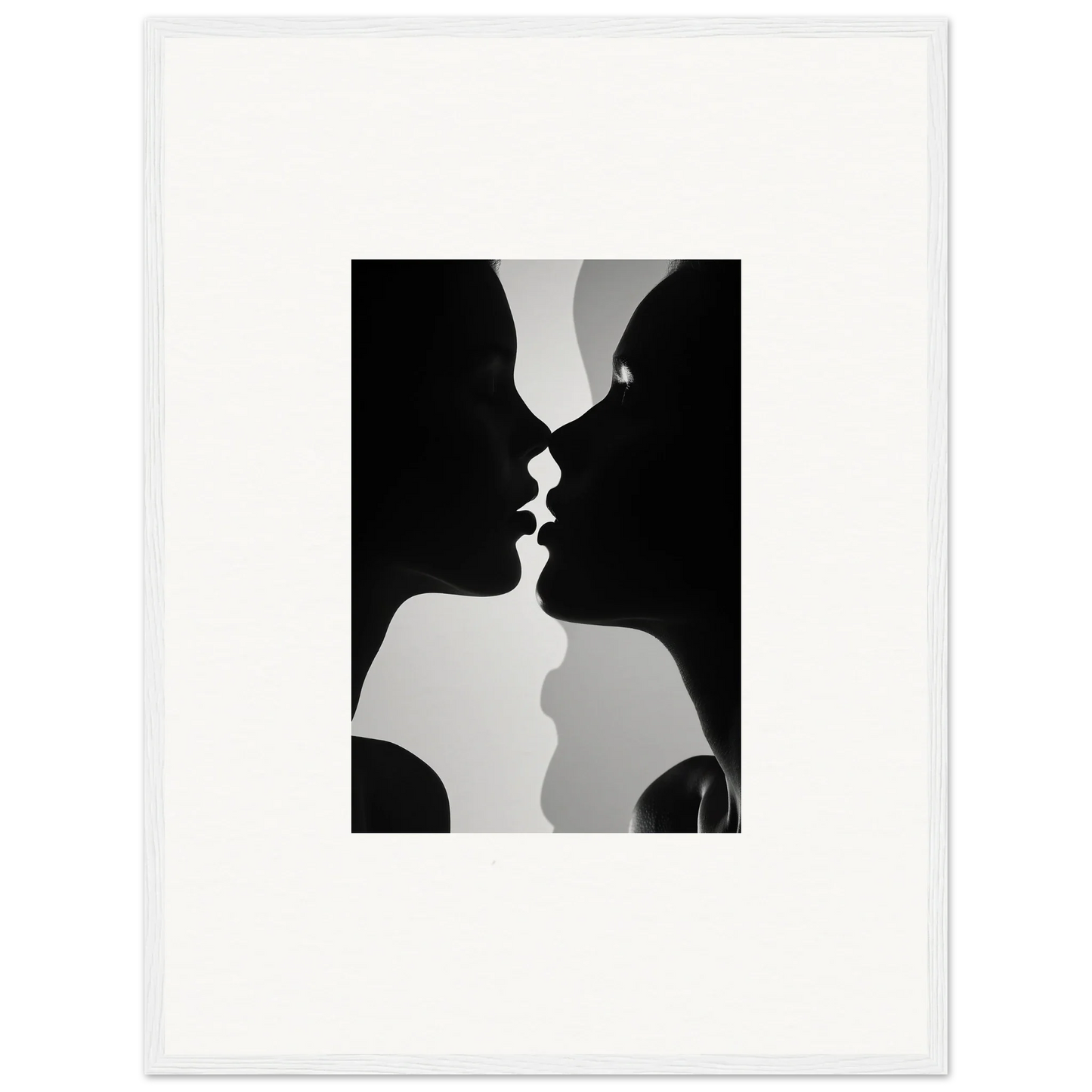 Black and white silhouette of two profiles about to kiss in Nouveau Love Symphony art