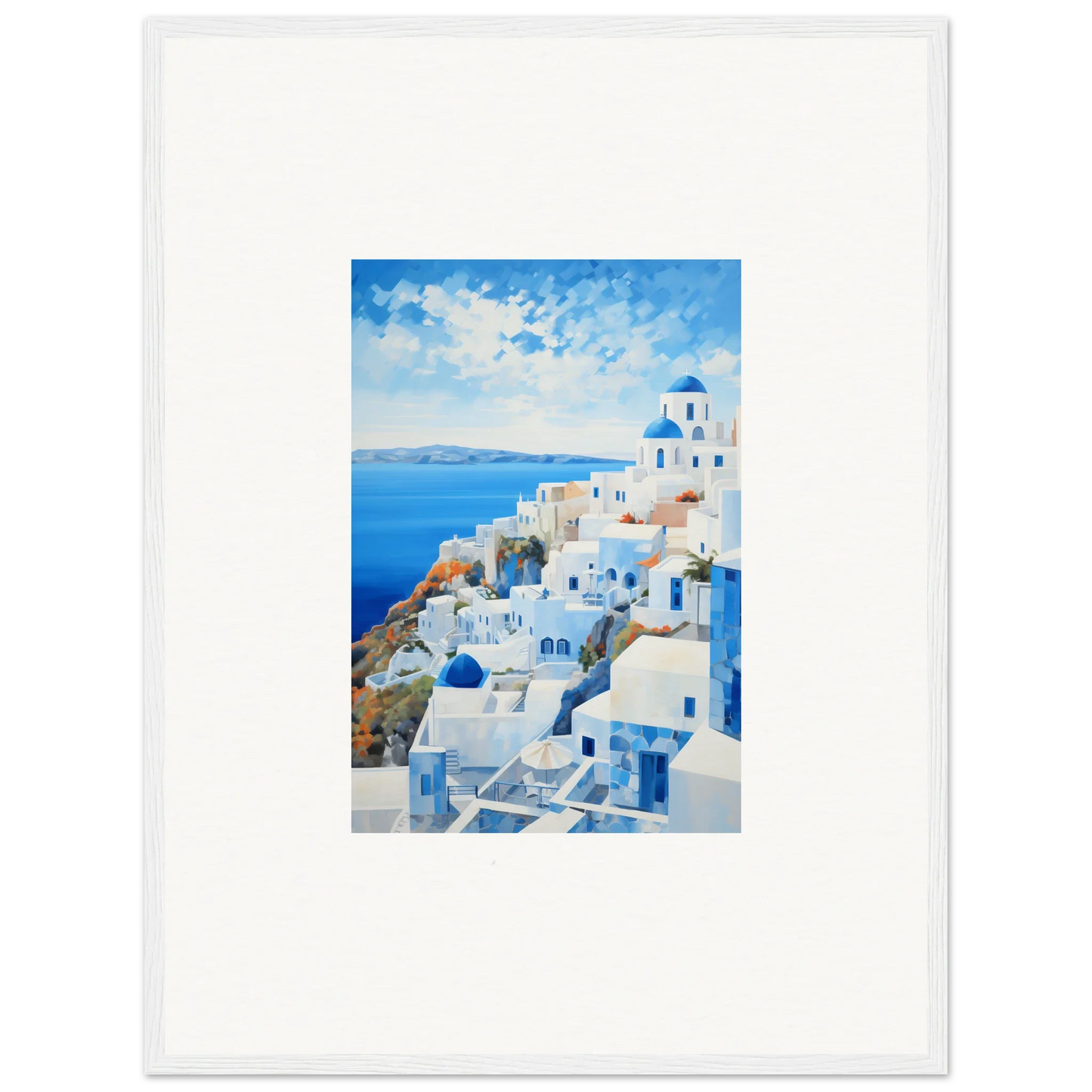 Framed watercolor of Santorini’s white buildings, blue domes for premium framed wall art