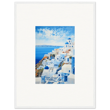 Framed watercolor of Santorini’s white buildings, blue domes for premium framed wall art