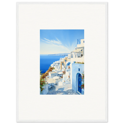 Framed photo of Santorini’s white buildings, blue domes for Mediterranean Serenity Remastered