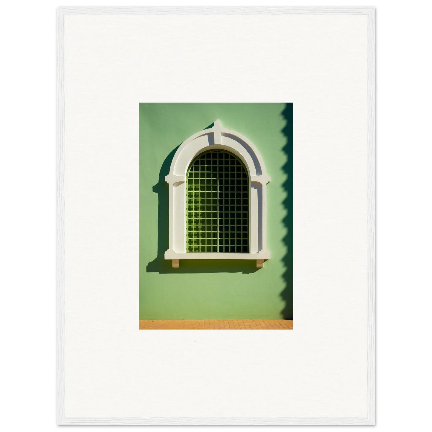 Arched Visible Equilibrium Window with white trim and green gridded glass design