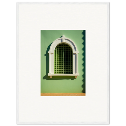 Arched Visible Equilibrium Window with white trim and green gridded glass design