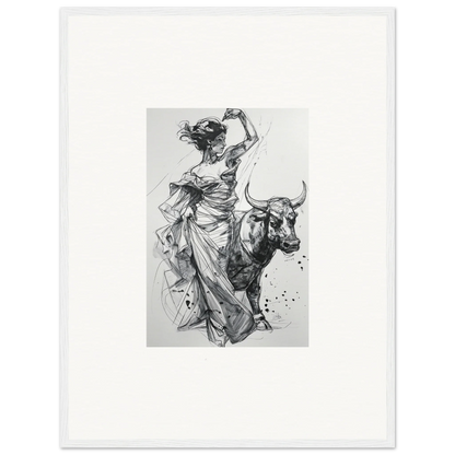 Black and white sketch of a woman dancing with a bull from Tauripe Mystique Visions