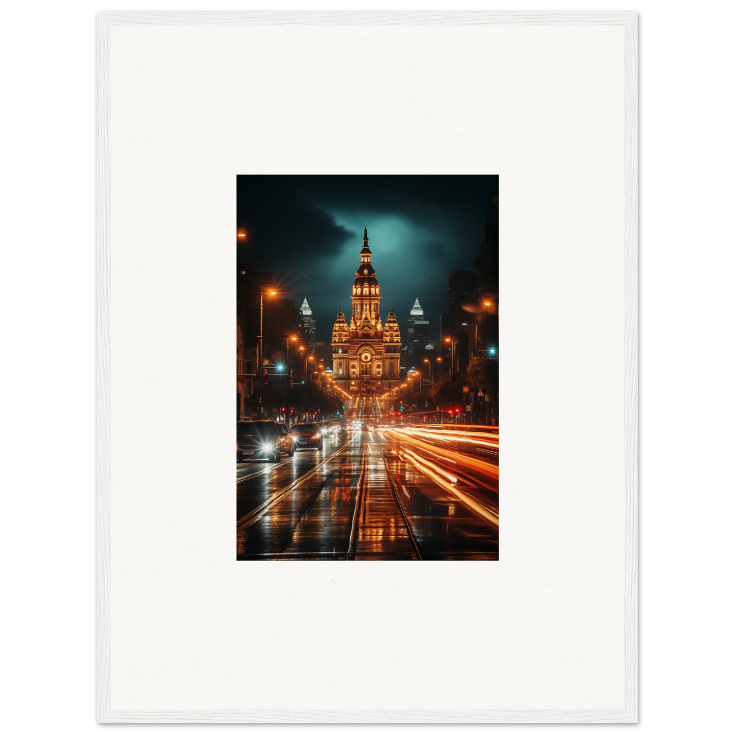 Illuminated historic building and light trails on a rainy night in Radiant Urban Reverie