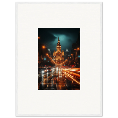 Illuminated historic building and light trails on a rainy night in Radiant Urban Reverie