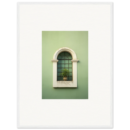 Arched window with white trim and plant, part of Eggshell PandæmonIA Bliss framed wall art