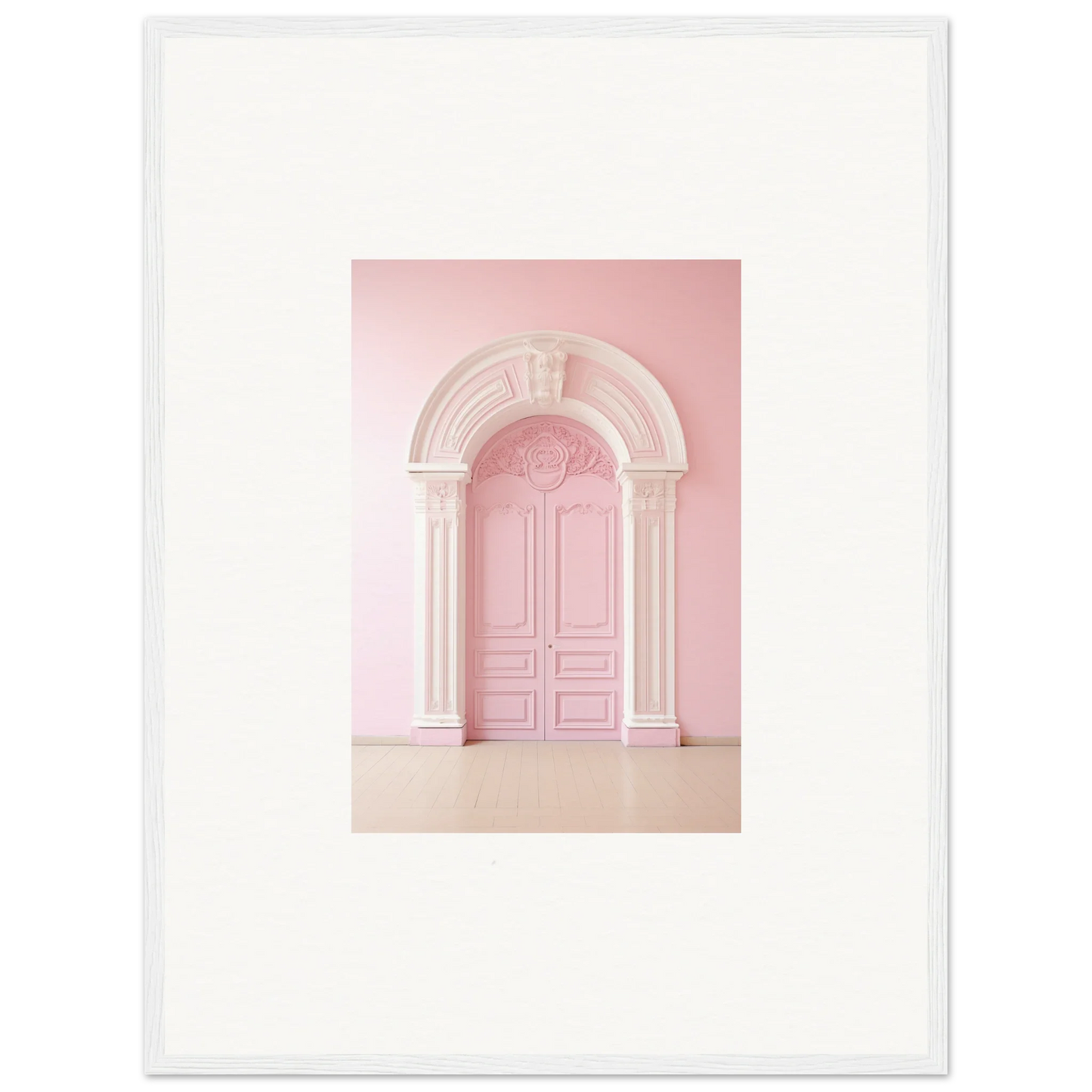 Pink arched doorway with ornate molding in Portal Fantasies Unfurled framed wall art