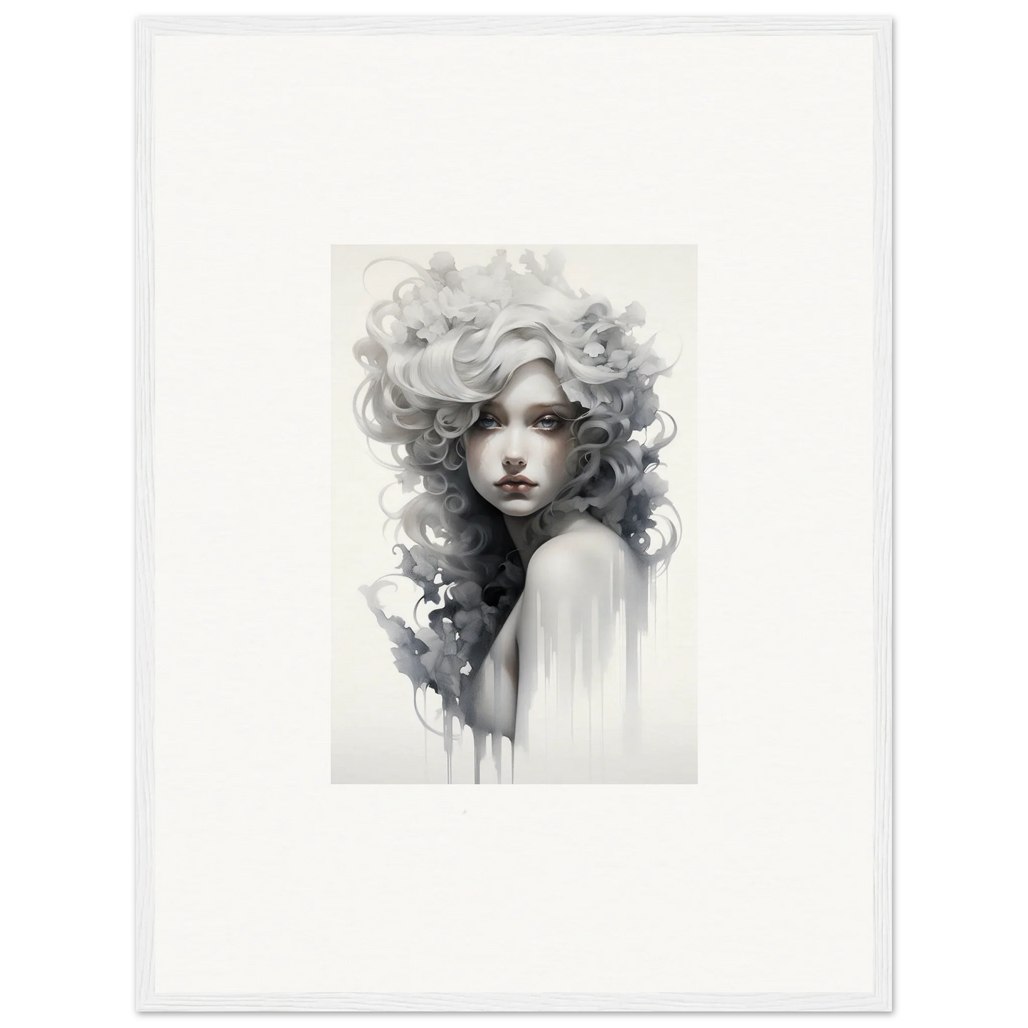 Black and white portrait of ethereal hair in Visions Veil Morphling framed wall art