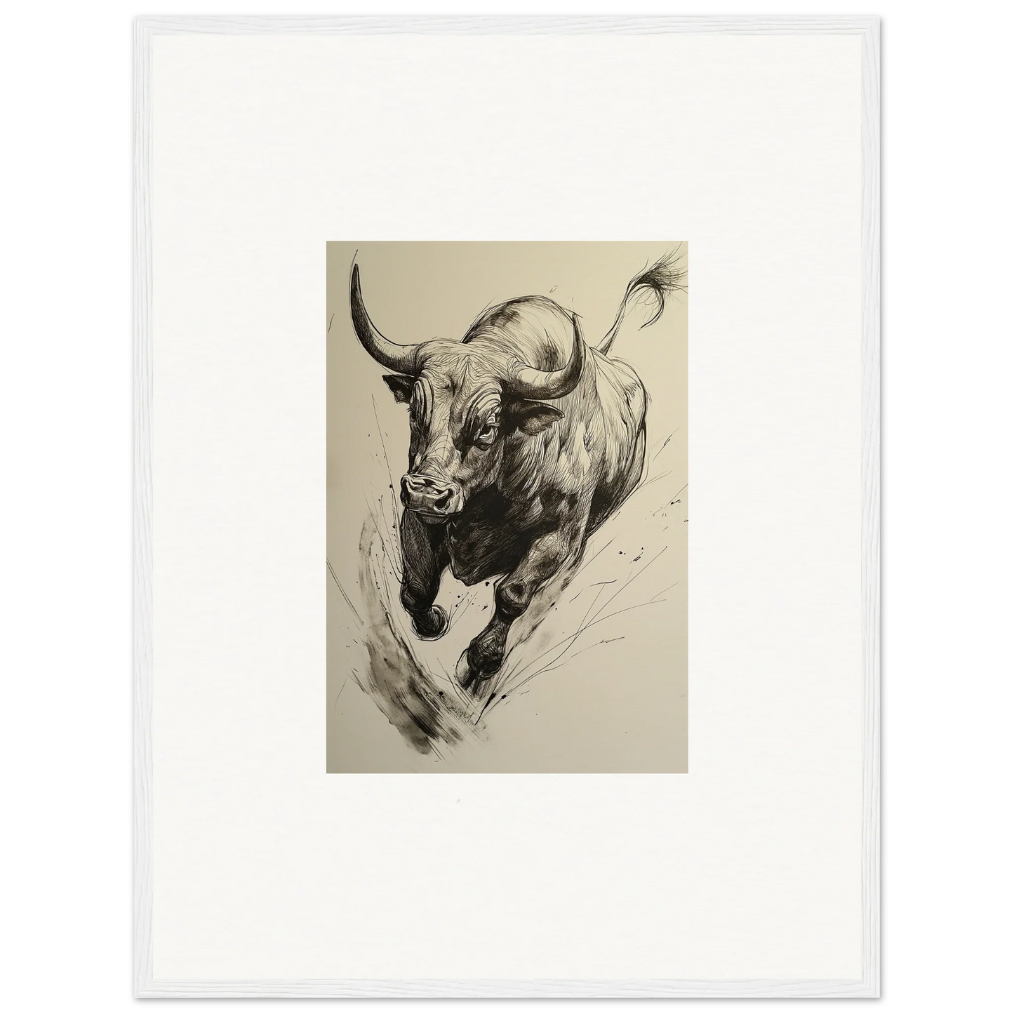 Charging bull in bold black and white brushstrokes from Ebullient Storm Release special edition art™