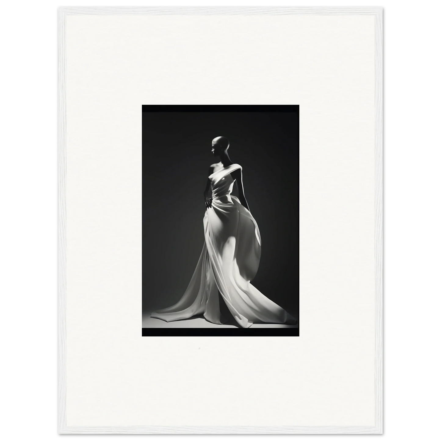 Elegant flowing white gown in dramatic black and white for Gossamer Ivory Whispers