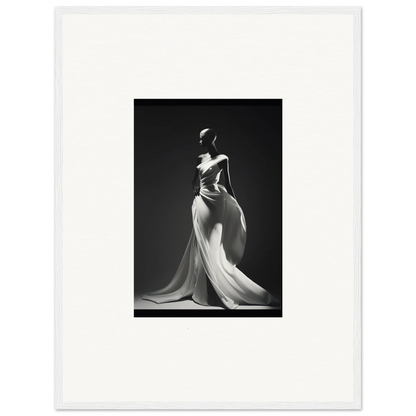 Elegant flowing white gown in dramatic black and white for Gossamer Ivory Whispers