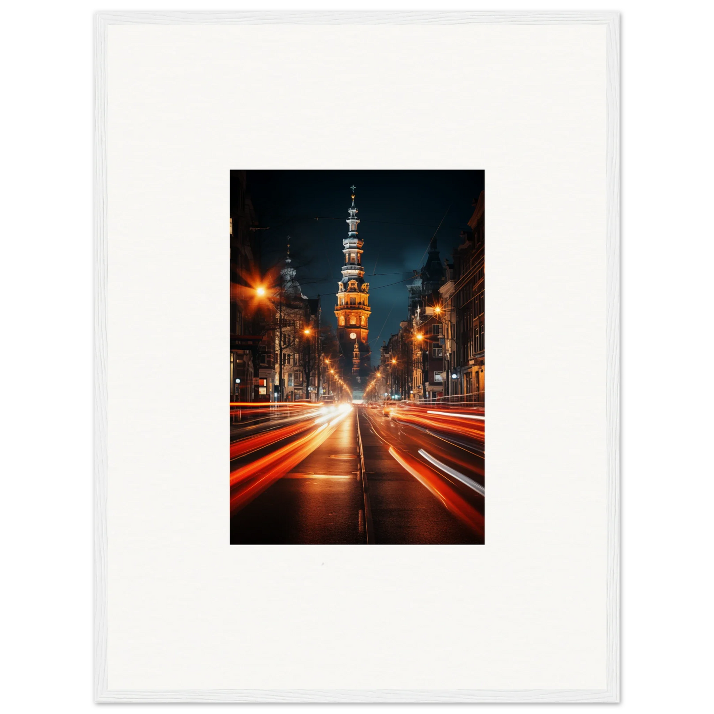 Illuminated church tower in Umbra Urban Nocturne with red light trails below