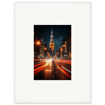 Illuminated church tower in Umbra Urban Nocturne with red light trails below