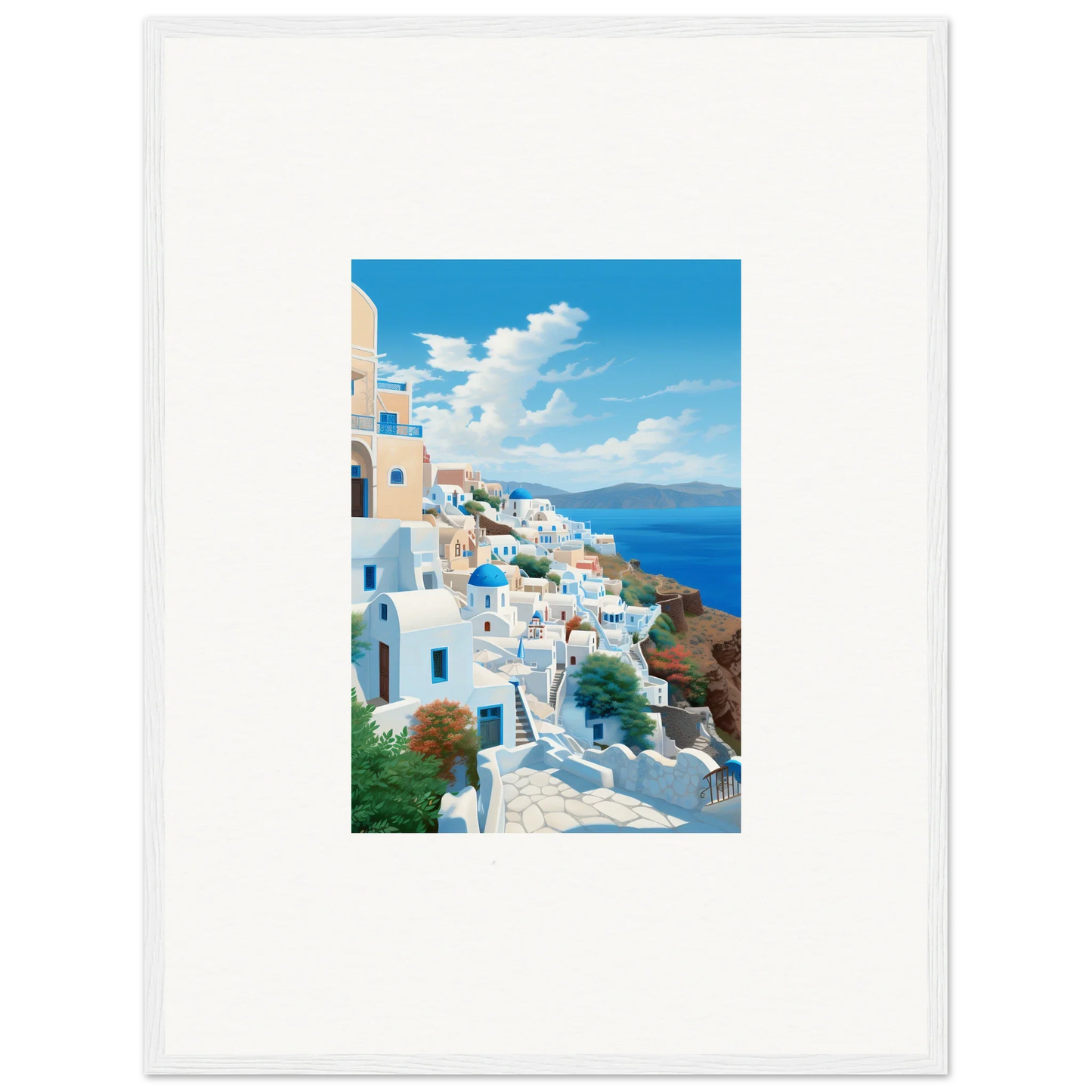 Framed Santorini photo from Sunday Stahl’s special edition art™ capturing cliffside beauty