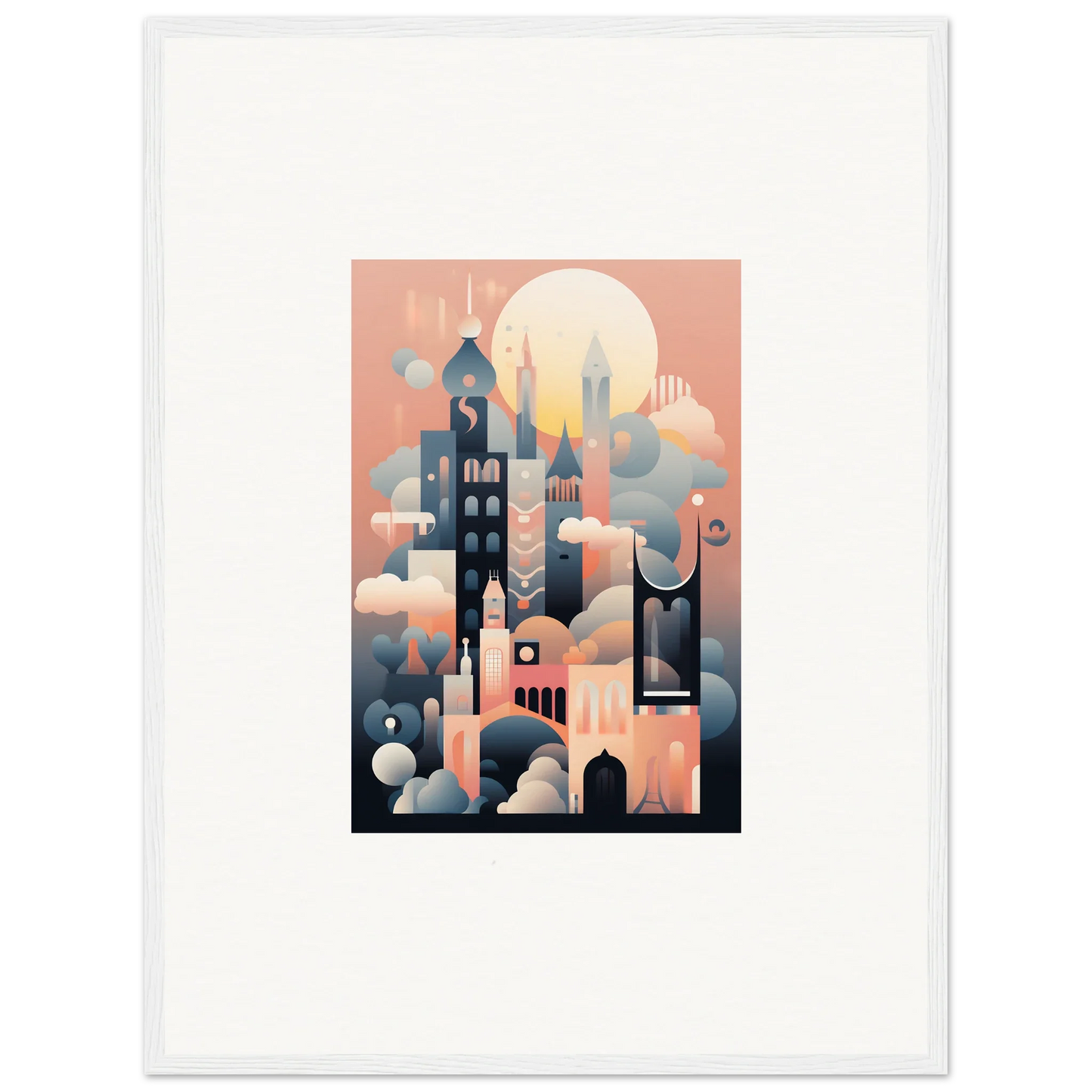 Stylized geometric cityscape in peach and navy for Ephemeral Castle Whispers art™