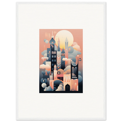 Stylized geometric cityscape in peach and navy for Ephemeral Castle Whispers art™