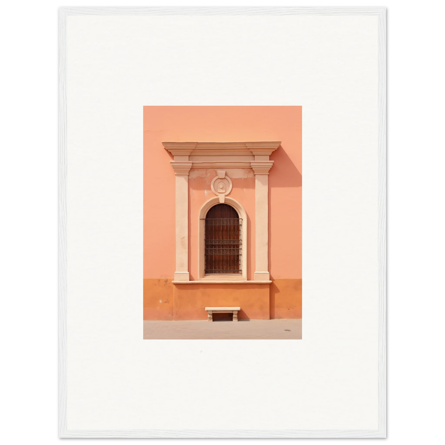 Ornate arched window with columns on peach wall in Silent Sunset Oblique framed wall art